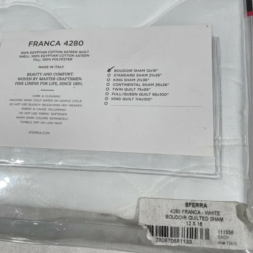 NIB Sferra Franca‎ Quilted [ 1 Boudoir ] Pillow Sham in White